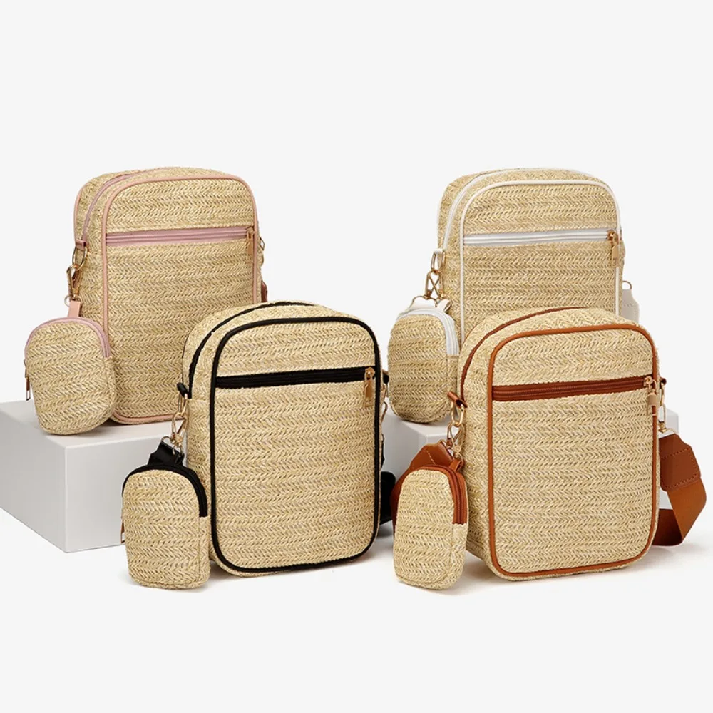 Boho Straw Crossbody Sling Bags Women Fashion Versatile Guitar Strap Weaving Shoulder Bag Female Casual Vintage Handbags