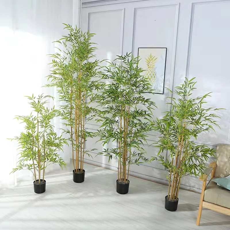 

1.5/1.8/2.1/2.4M Artificial Bamboo Tree Potted Green Plants Fake Silk Leaves Real Branches Bonsai for Home Garden Outdoor Decor