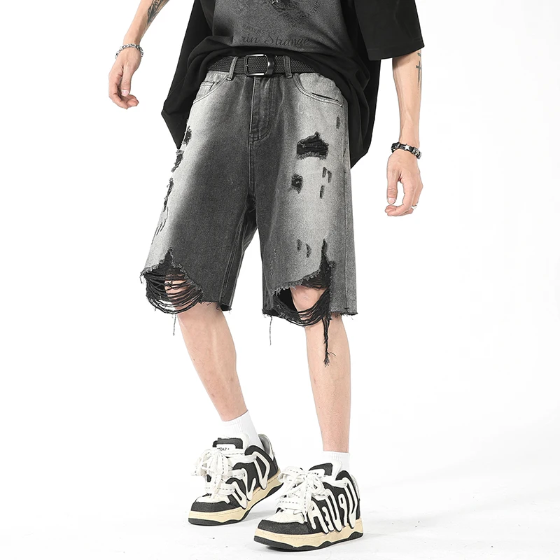 Fashion Loose Spliced Zipper Pockets Tassel Hole Korean Jeans Shorts Men's 2024 Summer New Solid Color All-match Casual Shorts