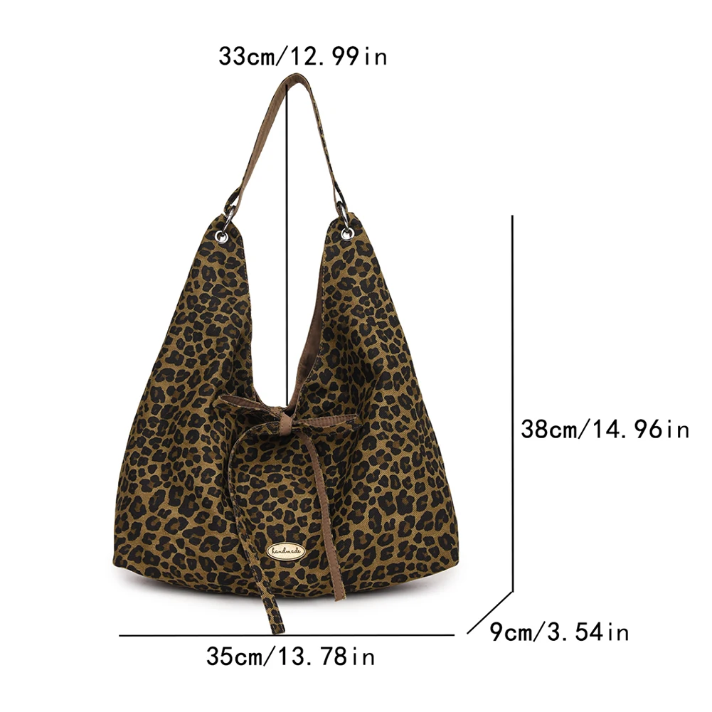 Leopard Print Shoulder Bag for Women Hobo Bags Slouchy Tote Bag Canvas Bow Retro Handbag Purse Work Commuter Shopping Travel Bag