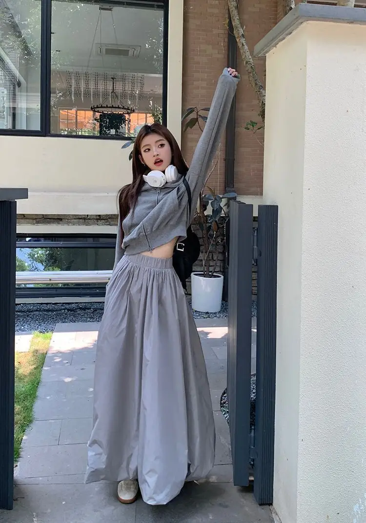 2024 American Sports Style Flower Blossom Skirt High Waist Lazy Street Pure Desire to Mop the Floor A-line Elastic Fluffy Long S