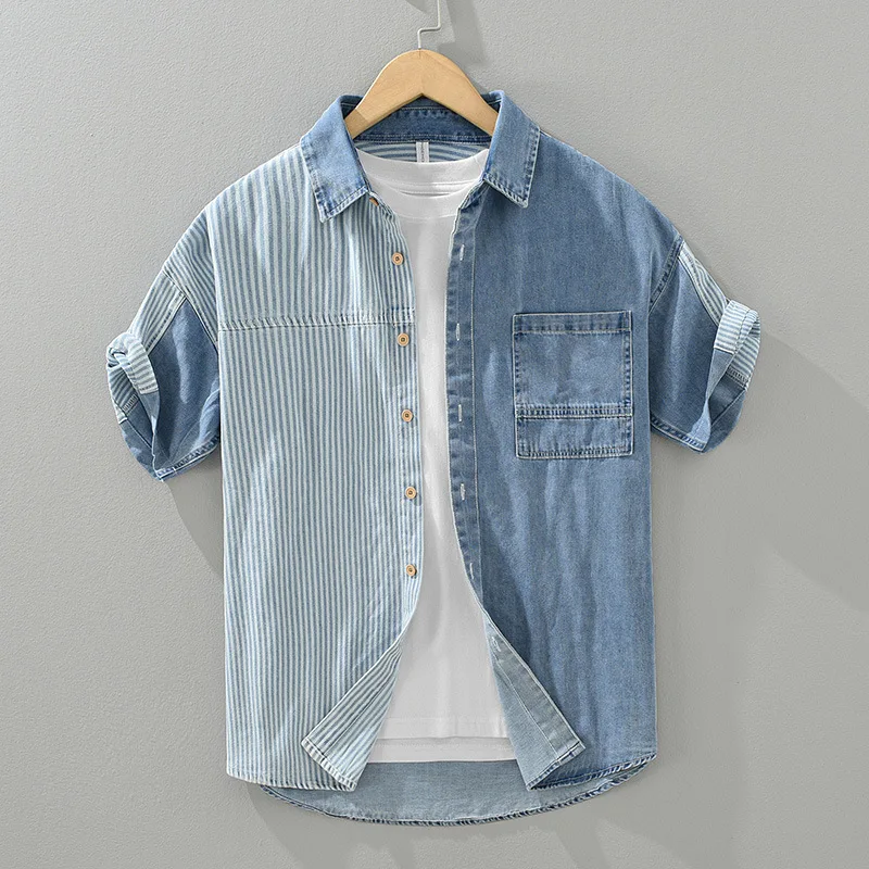 Denim Shirt Denim Shirt Man Original Men's Shirts and Blouses Korean Popular Clothes Beach Tiki Hawaiian Short Sleeve Mens T-shirts
