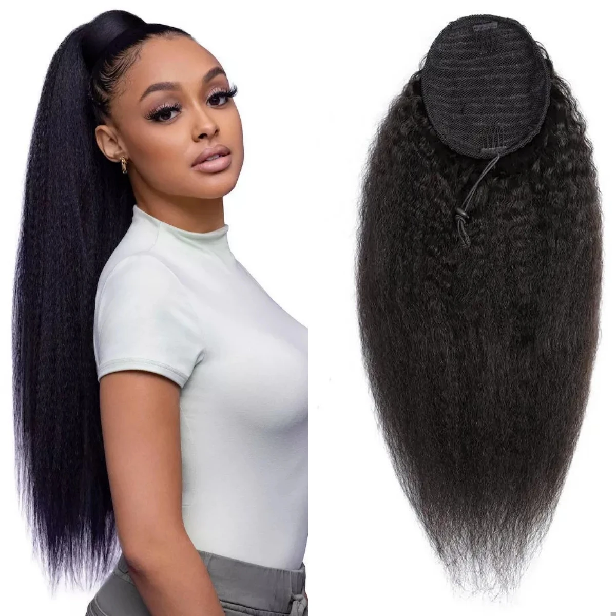 Human hair extensions Kinky straight wrap around drawstring ponytail with clips Yaki straight #1B Virgin
