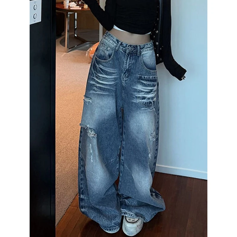YIBASHU 2026 Summer Women's Ripped Denim Pants Y2K Men Wide Fit Baggy Jean Japanese Harajuku Jean Punk Tide Mom Jeans Boyfriend 5