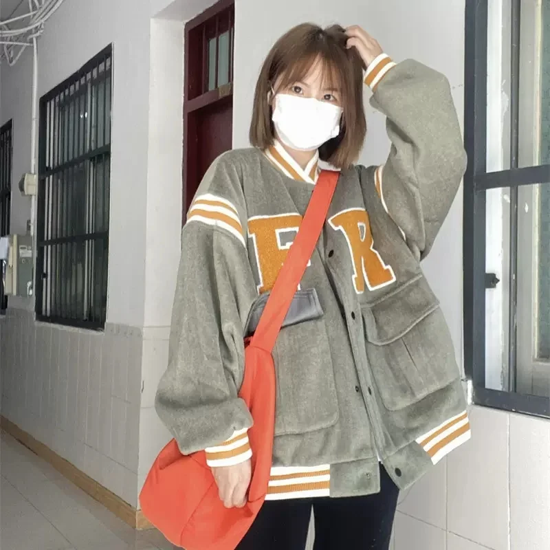 Green Woolen Coat Women's 2022 Autumn and Winter Thickened Loose All-match American Retro High Street Jacket Baseball Uniform X2