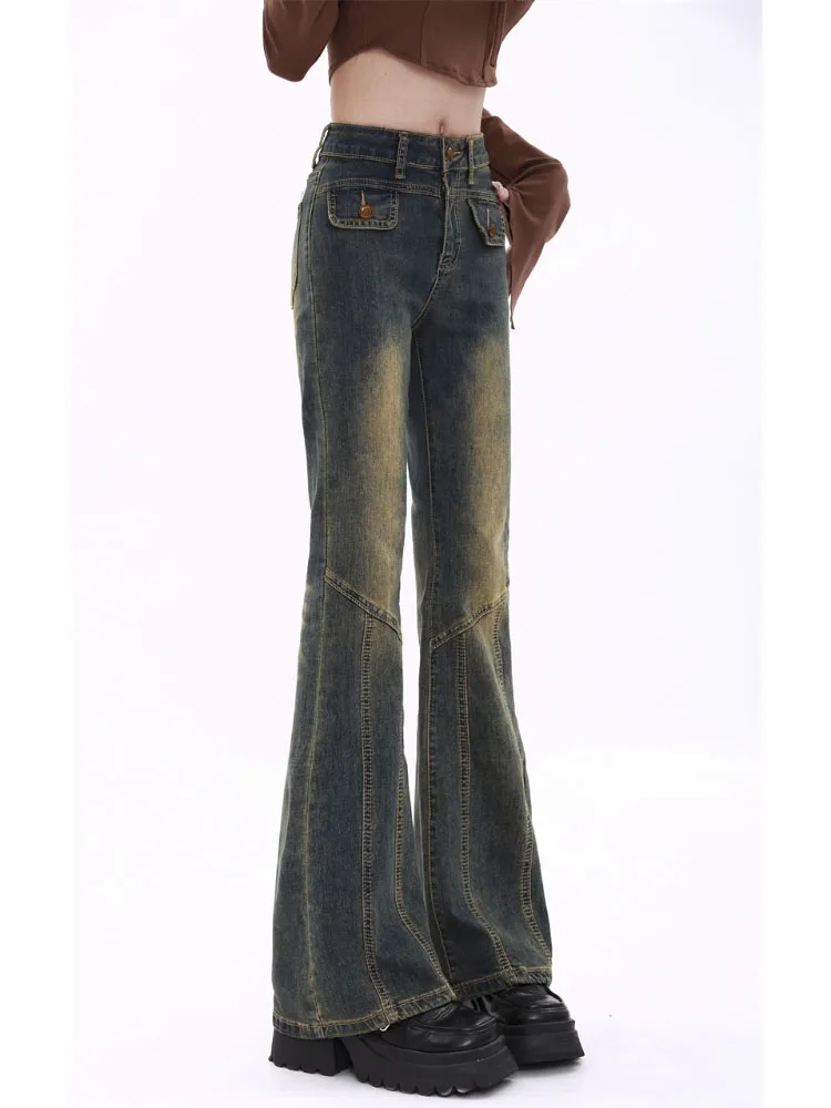 

Синие винтажные джинсы-карго для женщин, осенняя мода, уличная одежда, расклешенные джинсовые брюки с высокой талией, Сексуальные облегающие брюки