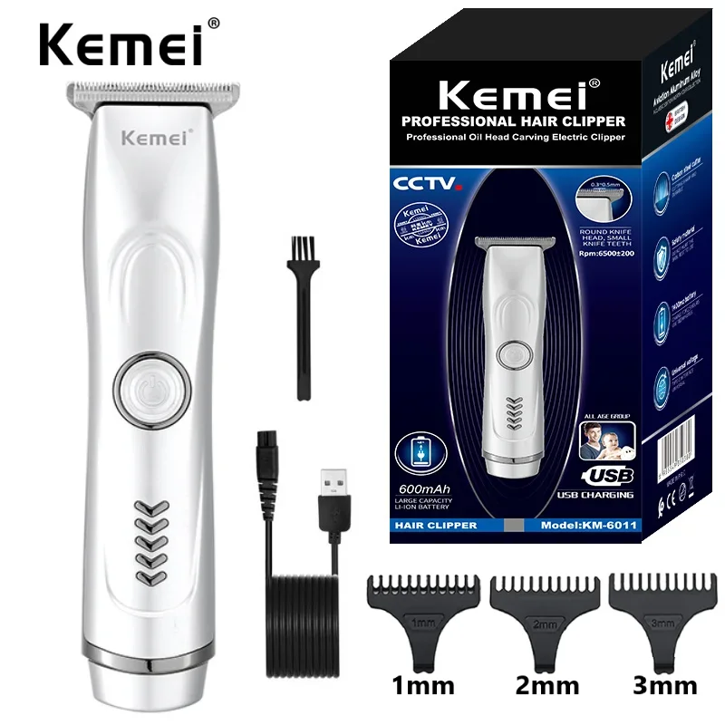 Kemei KM-6011 휴대용 USB 충전 헤어 트리머, 0 공구 거리, 전문 이발사 헤어 커팅, 이발 클리퍼