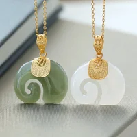 Hetian-Pendentif Éléphant en Pierre Naturelle pour Femme, Bijou Ras du Cou, Plaqué Or 18K, pour Anniversaire 1