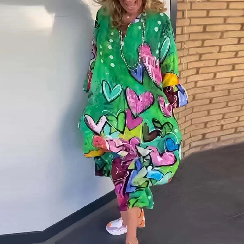 

Casual New Fashion Multi-color Heart Print Shirt Dress Female Elegant Autumn 3/4 Sleeve Long Dress Women Summer Loose Beach Robe