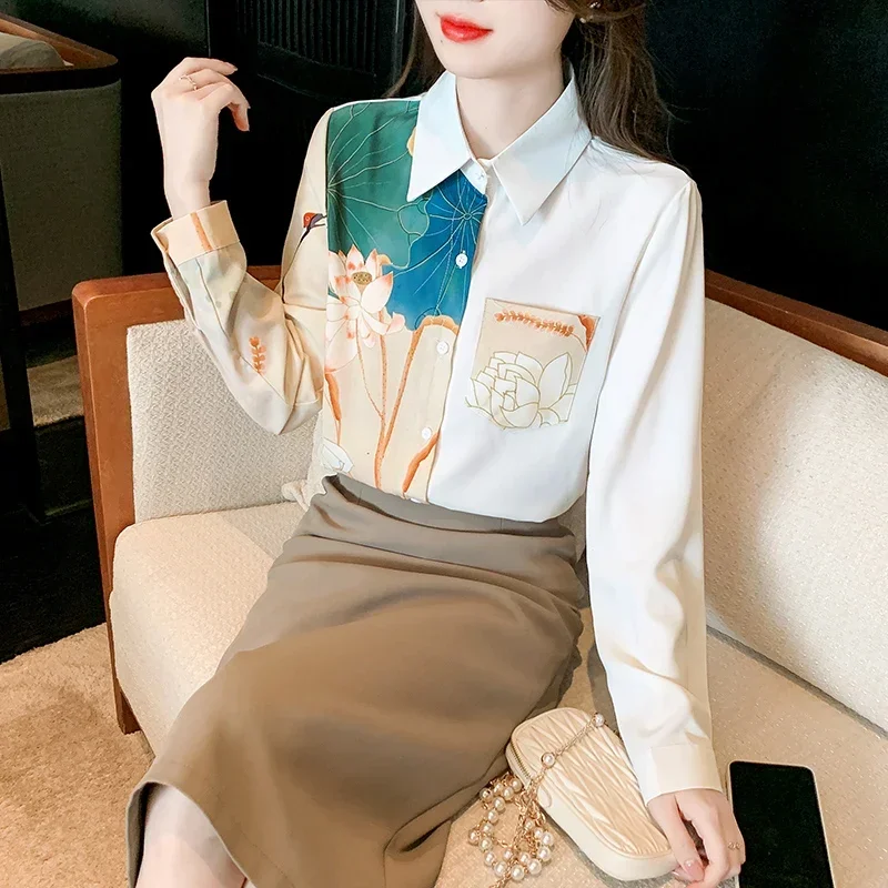 

2024 Summer New Shirt Women Blouse Long Sleeved Satin Surface Flower Lapel Collar Korean Fashion Loose Top