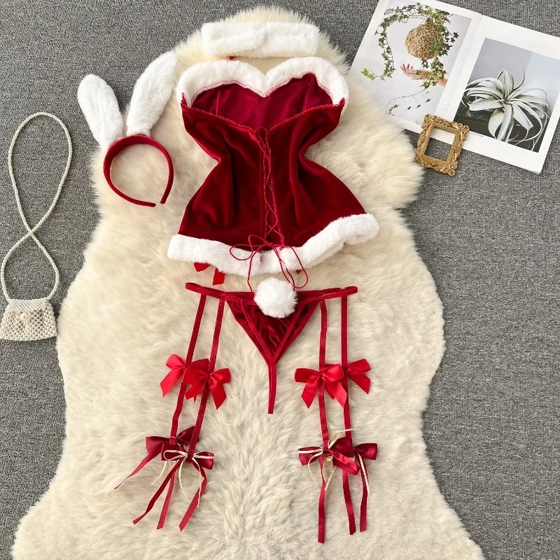 Sweet Bunny Christmas Lingerie Women Sexy Nightgowns Soft Velvet Off Shoulder Cute Rabbit Dress Lenceria Sexys Para Mujer Fina