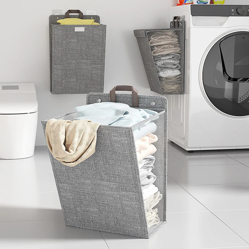 Navaris opvouwbare hangende wasmand groot - 30L - Met 3 zelfklevende haken - Plaatsbesparend - Van kunststof in wit