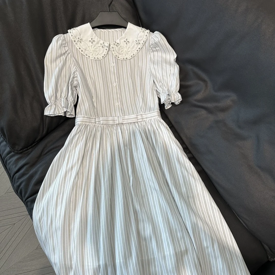 

2023Spring and summer new vintage stapler lapel bow decorated striped bubble short-sleeved dress