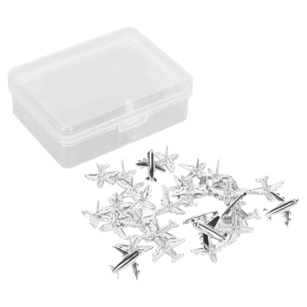 30pcs 실버/골드 컬러 비행기 푸시 핀(보관 상자 포함) 비행기 모양 금속 비행기 푸시 핀 귀여운 디자인 아연 합금