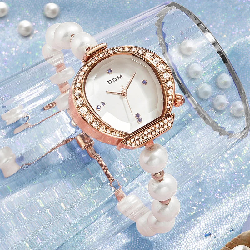 DOM Women's Pearl Bracelet Watch Luxury Diamond Crystal Watch Fashion Quartz women's watch Ladies Gift G-1585G-7M