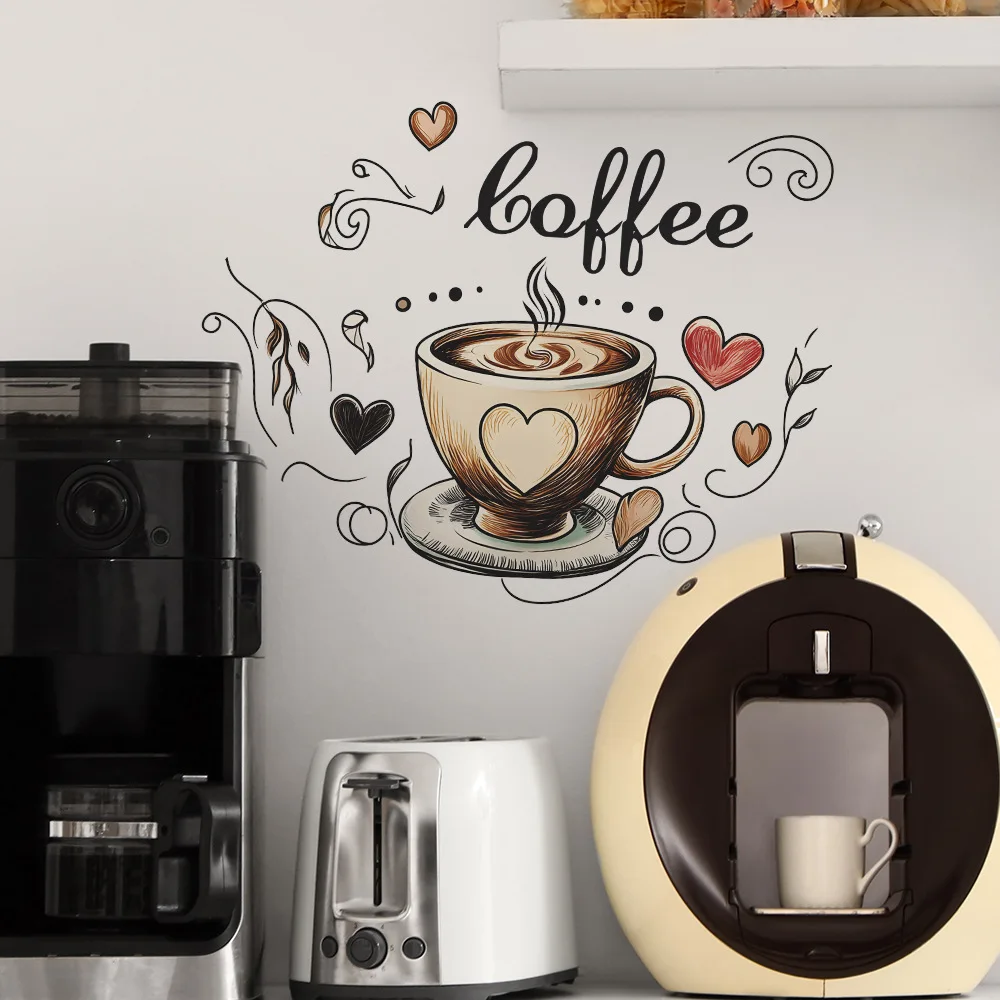 Wall Stickers Creative Love Coffee Cup Wall Stickers For Cafe Background Decoration Wallpaper Kitchen Beautify Home Decor Self-adhesive Decals
