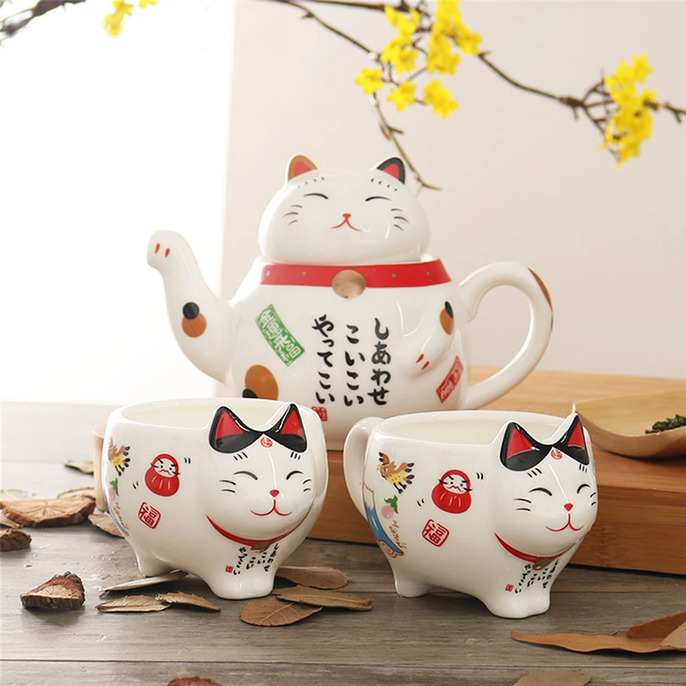 Cute Lucky Cat Cartoon Cups Teapots Coffee Milk Mug Sets Breakfast Afternoon Tea Pot 3Pcs/lot Plutus Ceramic 1 Teapot 2 Mugs |