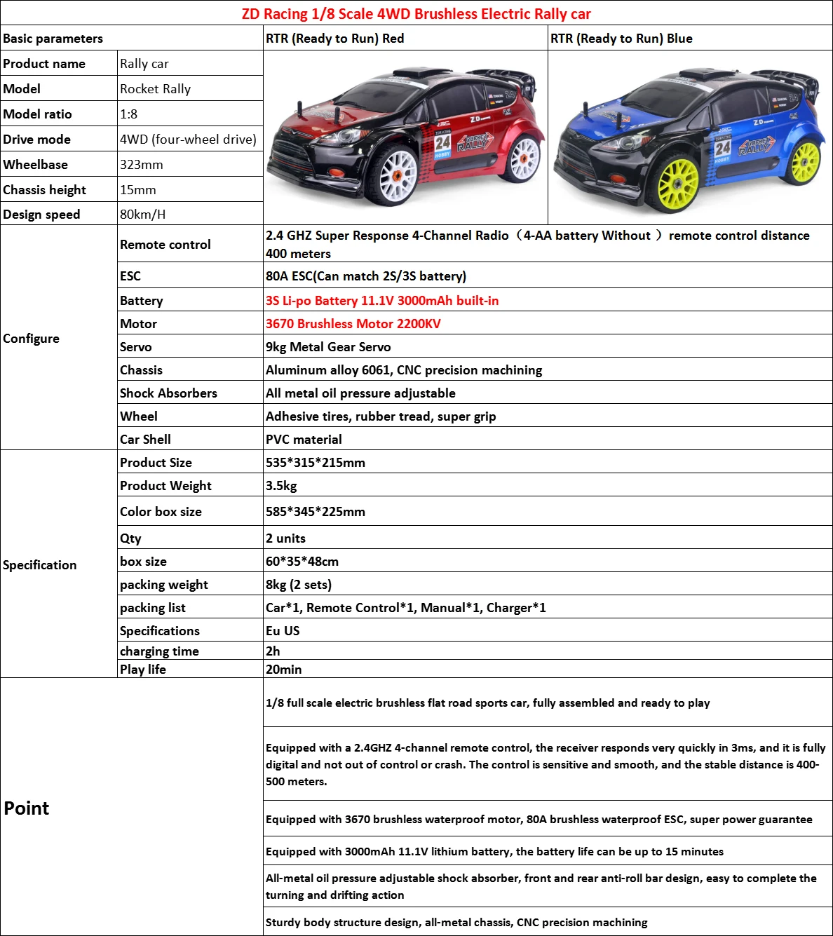 ZD Racing 9071-V2 08426 4WD 1:8 Aluminum Alloy Rally Car 80KM/H/2.4Ghz 4CH Remote Controller/80A ESC/11.1V 3000Mah Battery Gift wall climbing car