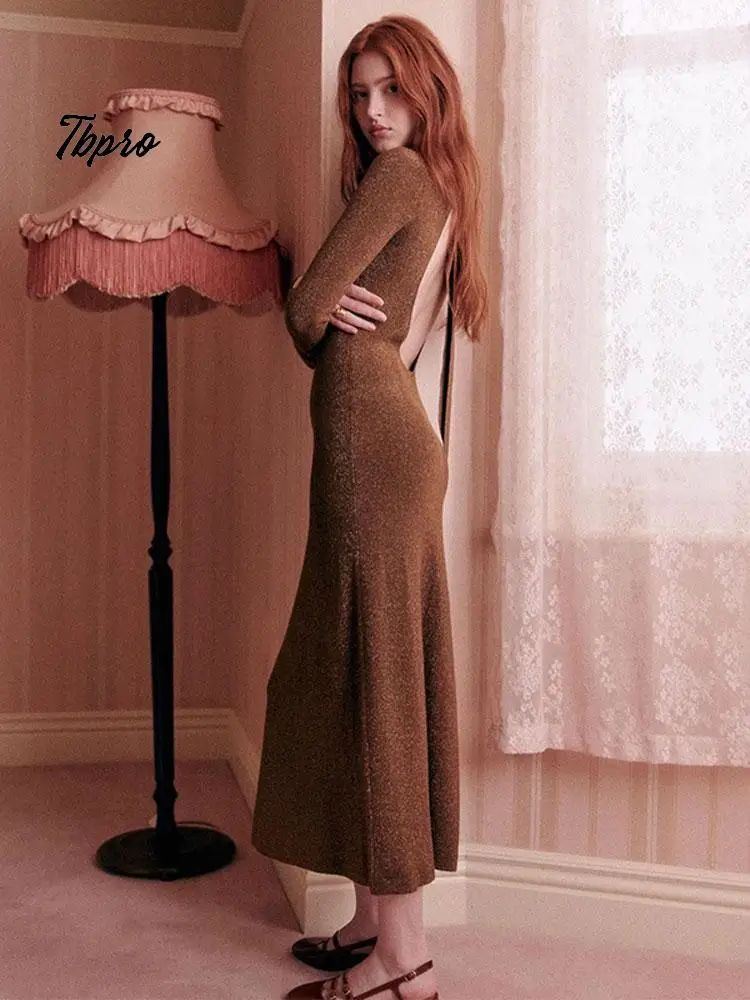 

Winter Rib-knitted Maxi Dress Women Fashion Texture Solid Backless Lace Up Sweater Dresses Long Sleeve Elegant Vestidos 2024