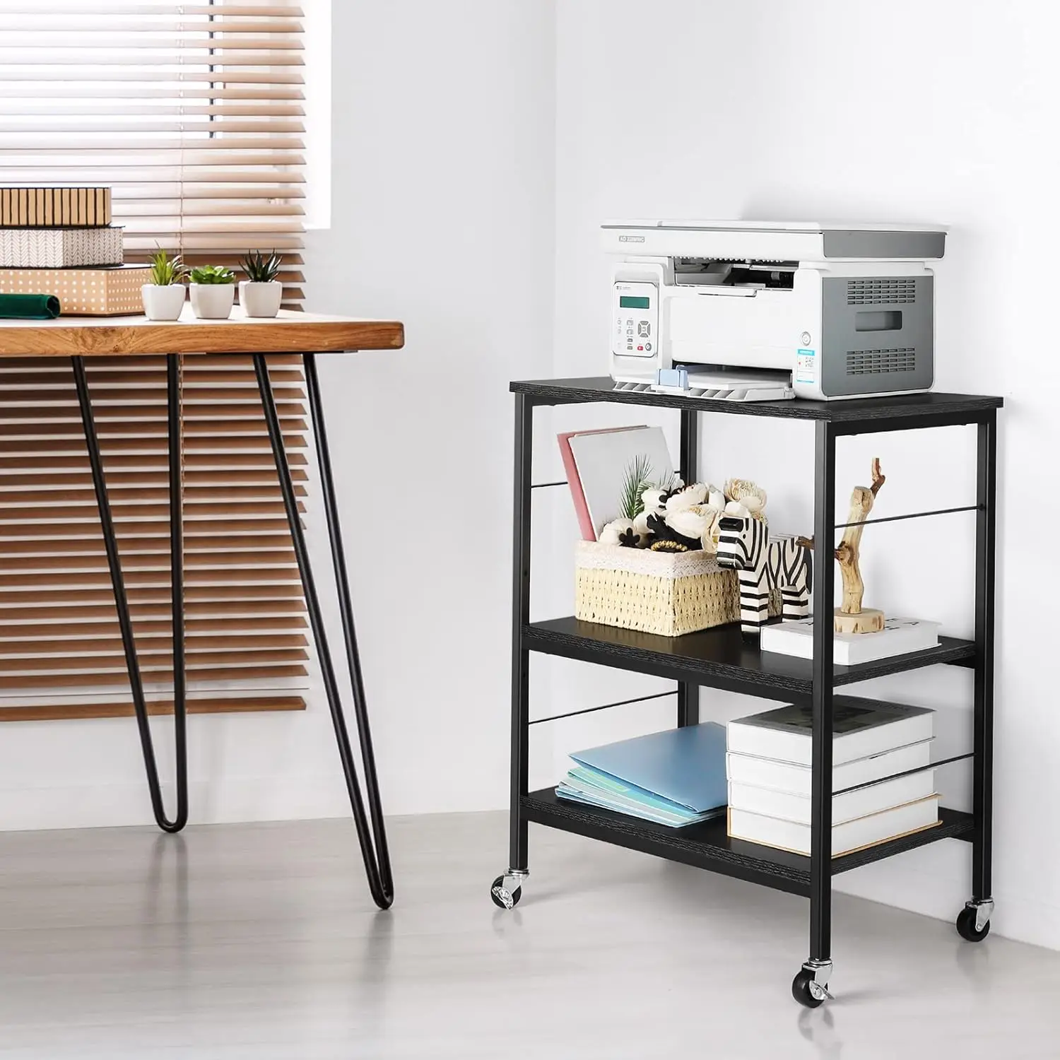 Microwave oven rack, 3-layer kitchen cart with small pastry rack stored on wheels and 10 hooks, coffee bar cart 3