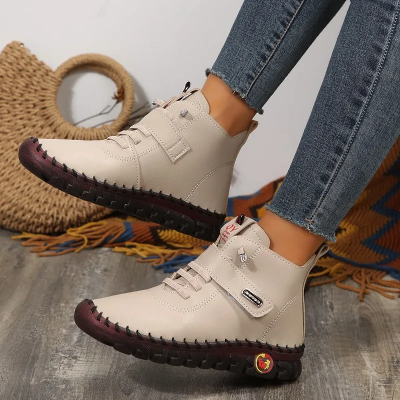 Sneakers Women Shoes Platform Loafers Lace Up Leather Flat Slip On New Spring Casual Mom Shoes Hand Stitched Winter Bare Boots