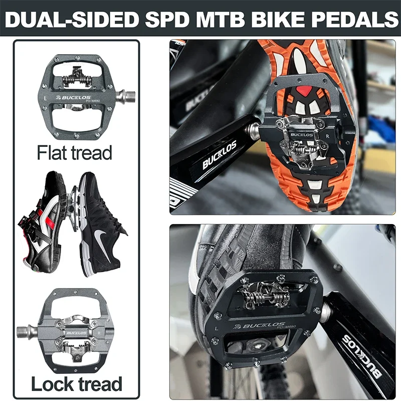Mountain Bike Pedals Dual Function - Double Sided Pedals Flat & SPD Clipless Pedal - 3 Sealed Bearings, 9/16 Bicycle Platform MTB Pedals (Black