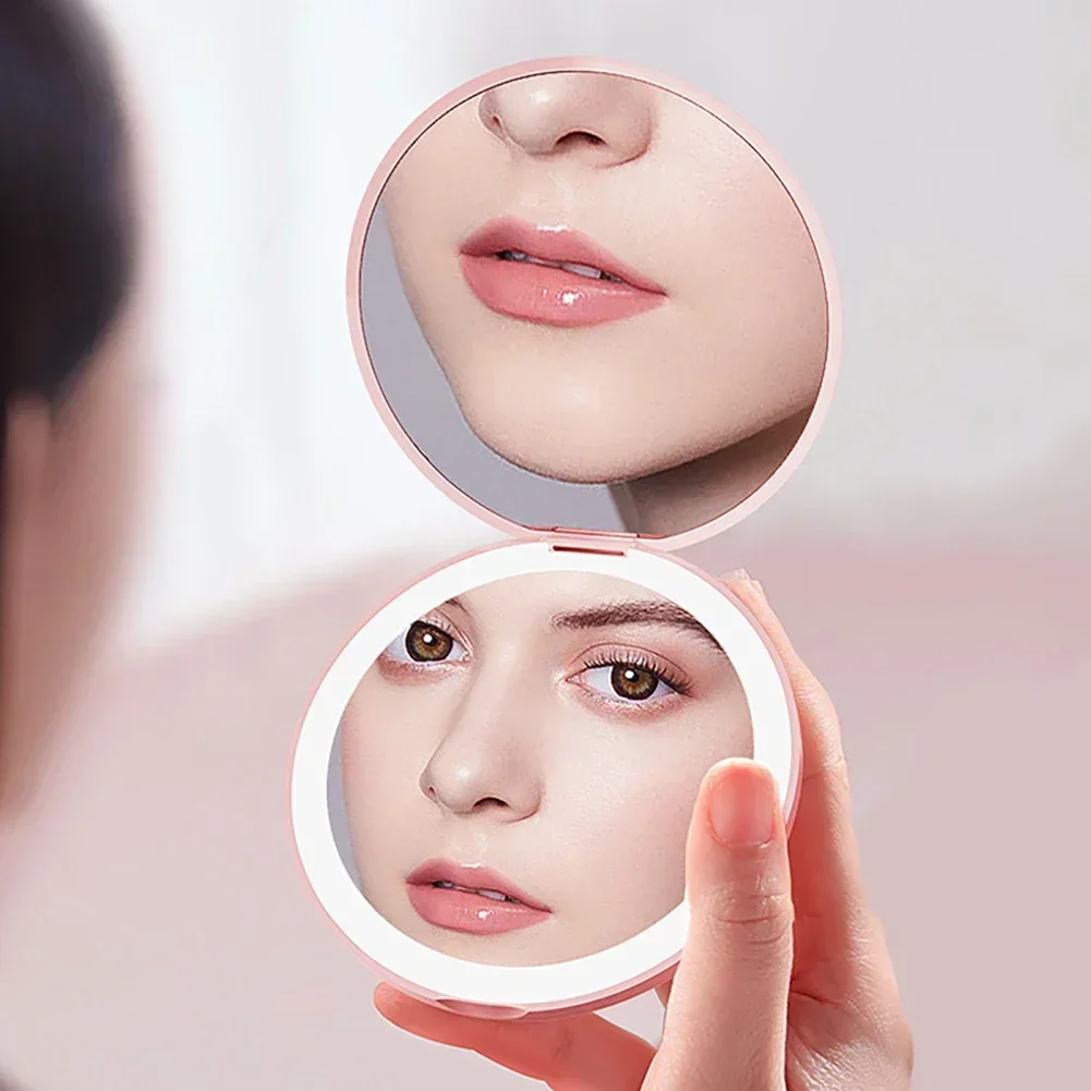 LED 미니 접이식 화장품 충전 메이크업 거울, 확대 조명, 작은 주머니 여행, 2 면 컴팩트