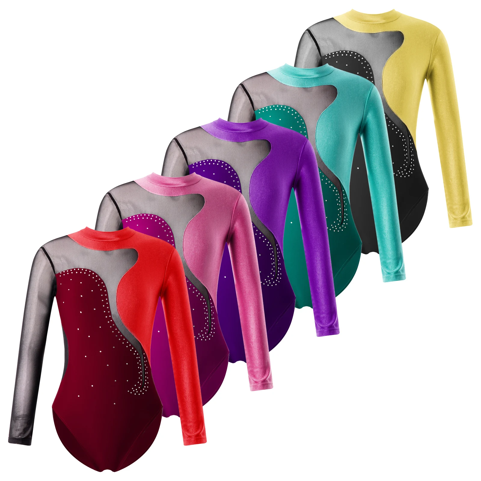 Kids Girls Long Sleeve Ballet Dance Leotards Shiny Rhinestone Contrast Color Teens Gymnastics Jumpsuits Performance Clothing
