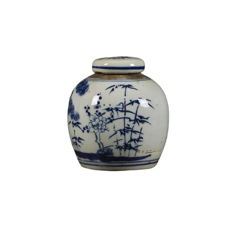 

Republic Chinese Blue and white Porcelain hand painted Pine bamboo Jar pot 4.1"