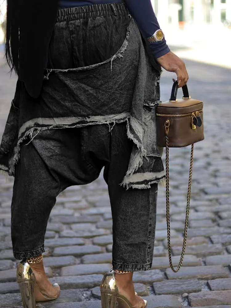 2025 Fall Winter Women Streetwear Trendy Ripped Out Hole Denim Pants Loose Safari Style Elastic Waist Cargo Hip Hop Harem Jeans 3