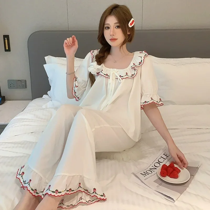 

Женский пижамный комплект, весенне-Летняя женская одежда для сна из двух предметов, белая Пижама с коротким рукавом и воланом, Женская домашняя одежда