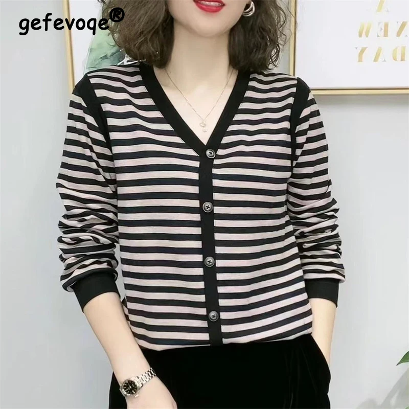 

Elegant Fashion Stripe Print Long Sleeve Spring Autumn Women's Clothing Single-breasted Loose Casual V Neck Cardigan Tops Female