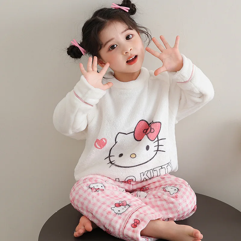 2 قطعة بيجامة أطفال هالو كيتي مخملية أنيمي سينامورول كورومي فتاة ملابس علوية فضفاضة غير رسمية السراويل رشاقته الدافئة الكرتون ملابس منزلية هدية