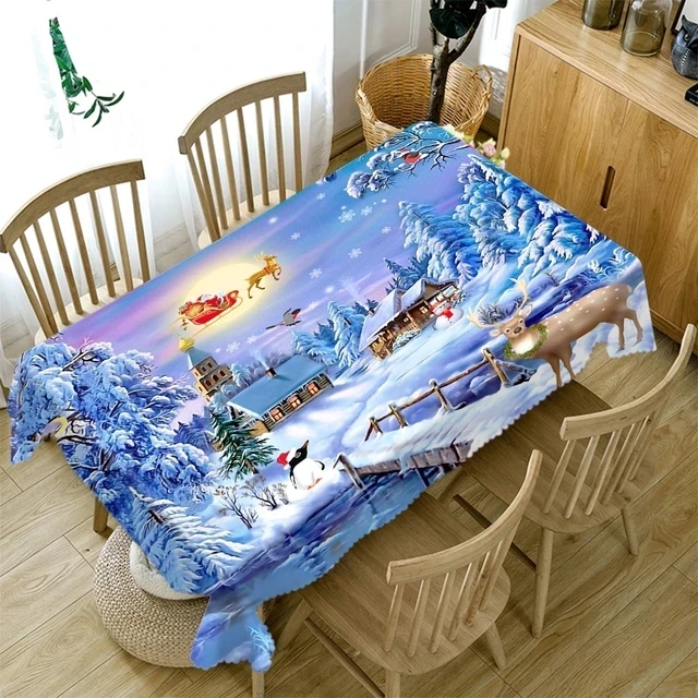 

Rectangular Santa Claus Table Cloth Christmas Eve Blue New Year Home Party Anti fouling Wedding Decoration Nappe De Table