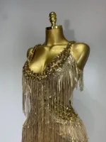 Women Sparkly Glod Rhinestones Sequined Fringe jumpsuit Sexy Nightclub Party Birthday Outfit Show Singer Stage Perform Costume - Image 5
