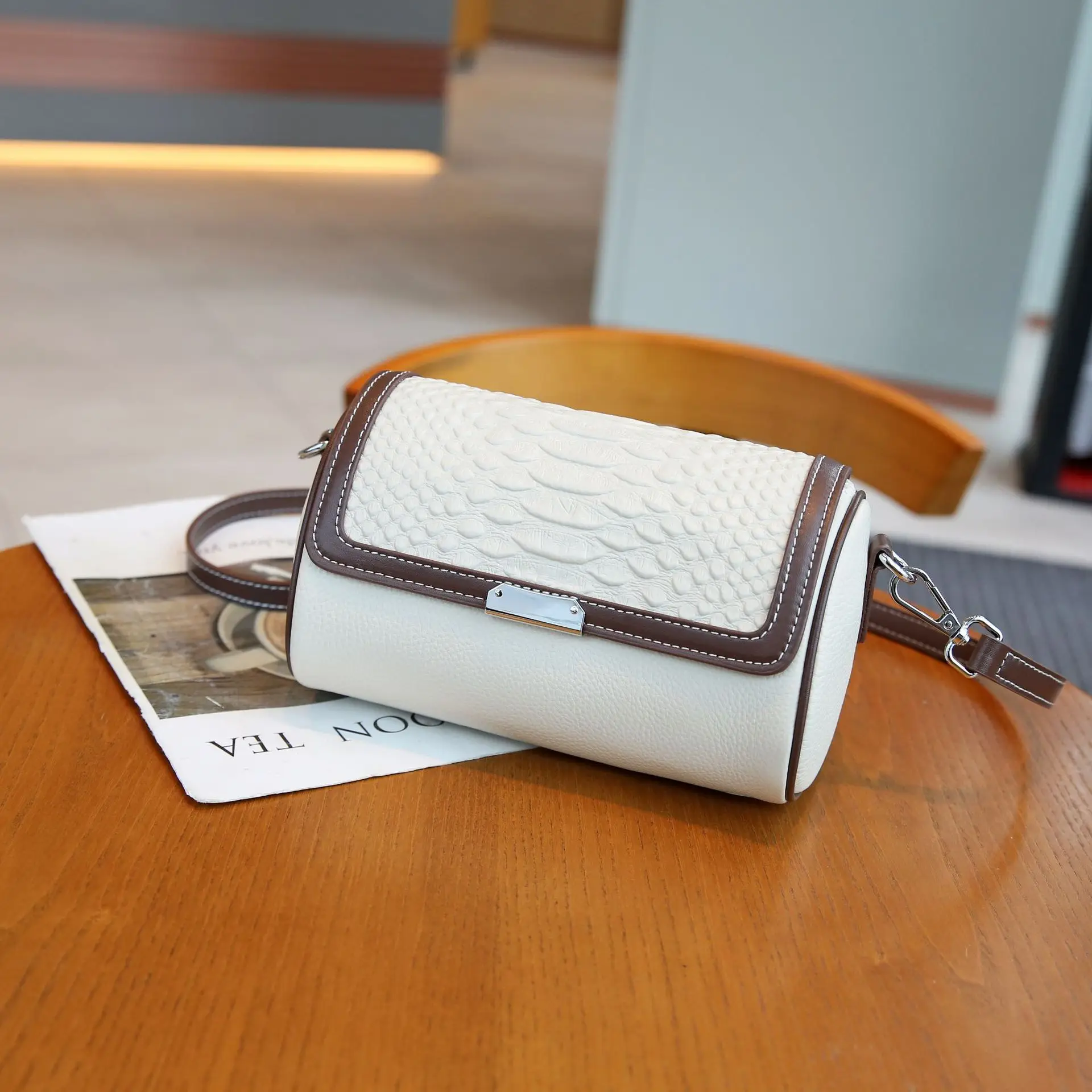 

Real Cowhide Leather Women's Crossbody Cylinder Bag, Girl's Classical Small Handbag Color Contrast New Style Designer Casual Bag