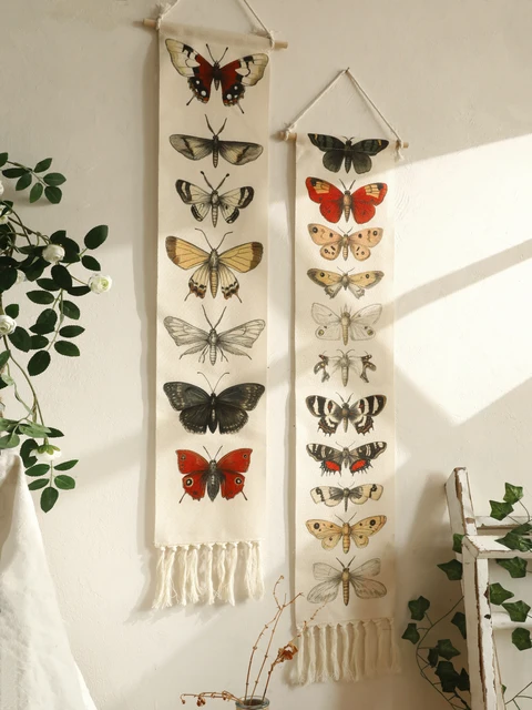 Tapisserie murale Vintage Boho papillon papillon, bannière en coton avec glands, décoration de maison naturelle rustique pour salon chambre à coucher, 1 pièce 3