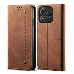 Luxury Leather Flip Wallet Case with Card Slot and Magnetic Closure - Ultra Denim Texture Cover - HONOR 400 Lite (Brown)