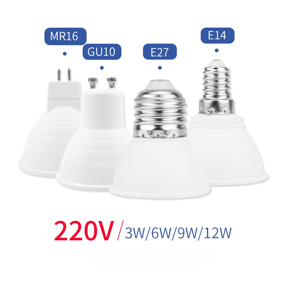1 Pz Led Spot Light 220V Gu10 Led Lampadina 12W 9W 6W 3W Led Lampada Mr16 Lampada E27 Spot Light Led Lampara E14 Bombilla