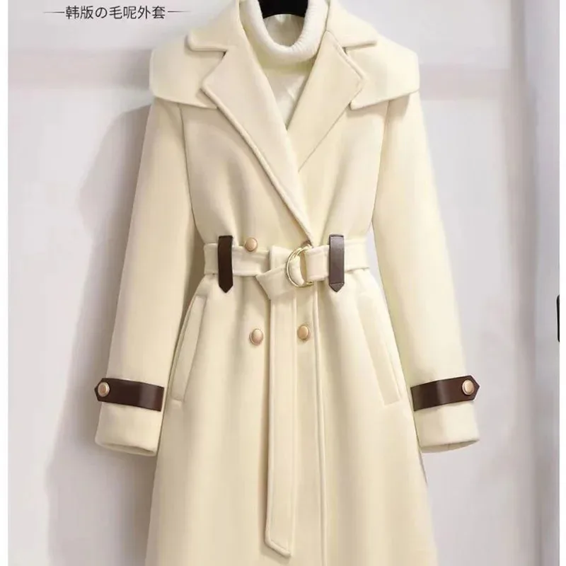 

Autumn And Winter Women's 2023 New Design Fashion Temperament Woolen Thickened Warm Shrink Waist Mid Length Top Coat
