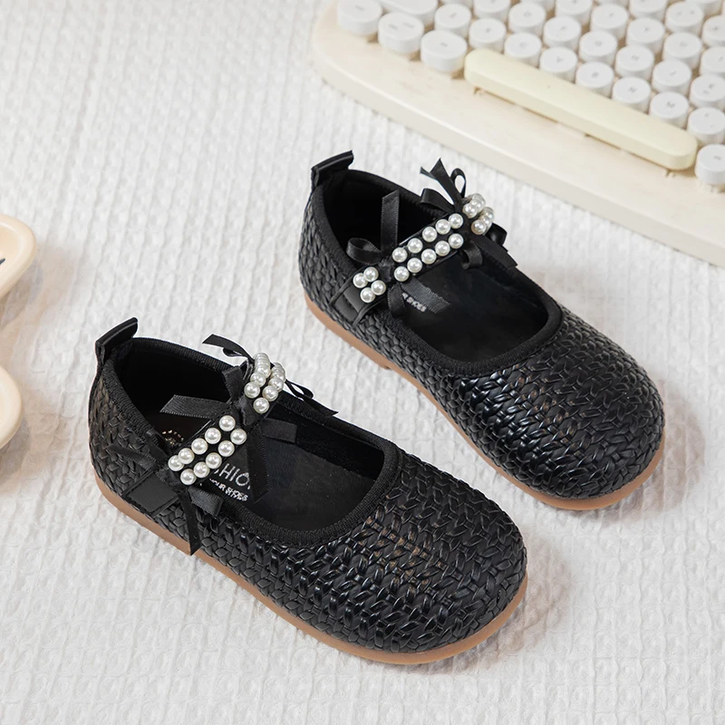 Girls Woven Princess Shoes Elegant Beading Fashion Children Performance Shoes Sweet Kids Leather Shoes for Party Wedding