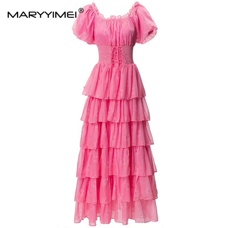 

MARYYIMEI New Fashion Runway Designer Women's Slash Neck Lantern Sleeved Lace-UP Tiered Ruffles Printed Elegant Party Dress
