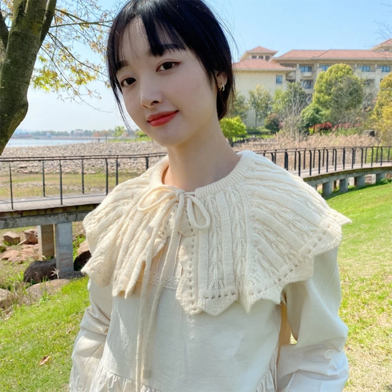 

Women Crochet Knit Shawl Scarf Woven Leaves Striped Pattern Warm Shoulder Wrap Cardigan Solid Color False Collar Poncho