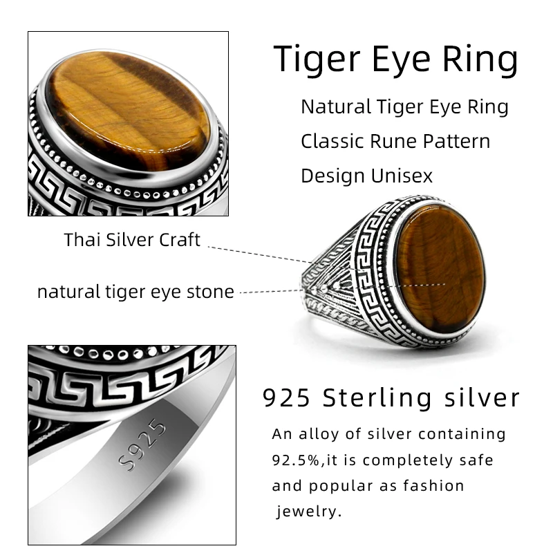 Tiger Eye Men's S925 Sterling Silver Ring Natural Gemstone Men's Ring Etniku Vintage Dehbijiet Tork għall-Irġiel u n-Nisa 6