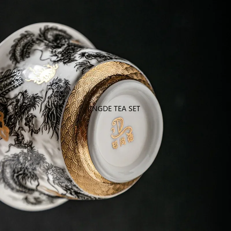 Chinese Dark Dragon White Sheep Fat Jade Porcelain Gaiwan 360&deg; Water Outlet Gold Painted High-end Retro Tea Bowl