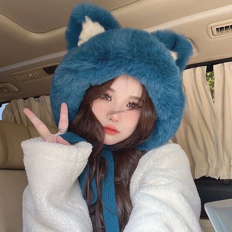 

Furry Fox Ear Knitted Hat Winter Womem Plush Warm Ear Windproof Protection Girls Outdoor Thickened Pullover Cap Kawaii Headwear