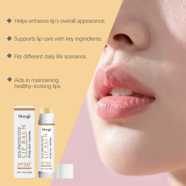 Sun Protective Lip Balm SPF50+ Hydrating Lip Sunblock Fade Lip Lines Nourishing Moisturizing Brighten with Kojic Acid Ceramide