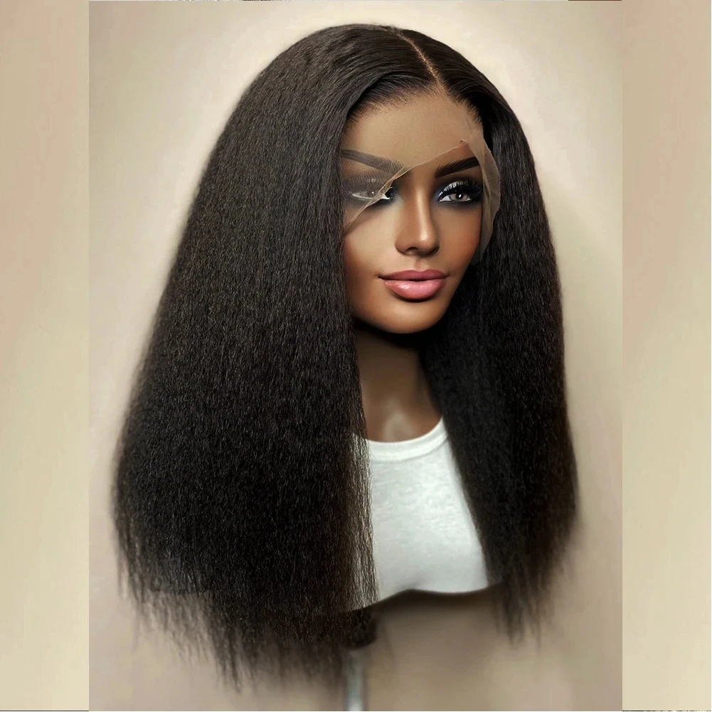 Long 26Inch Yaki Straight Natural Black Lace Front Wig Soft For Black Women With Synthetic Preplucked Glueless Baby Hair Daily