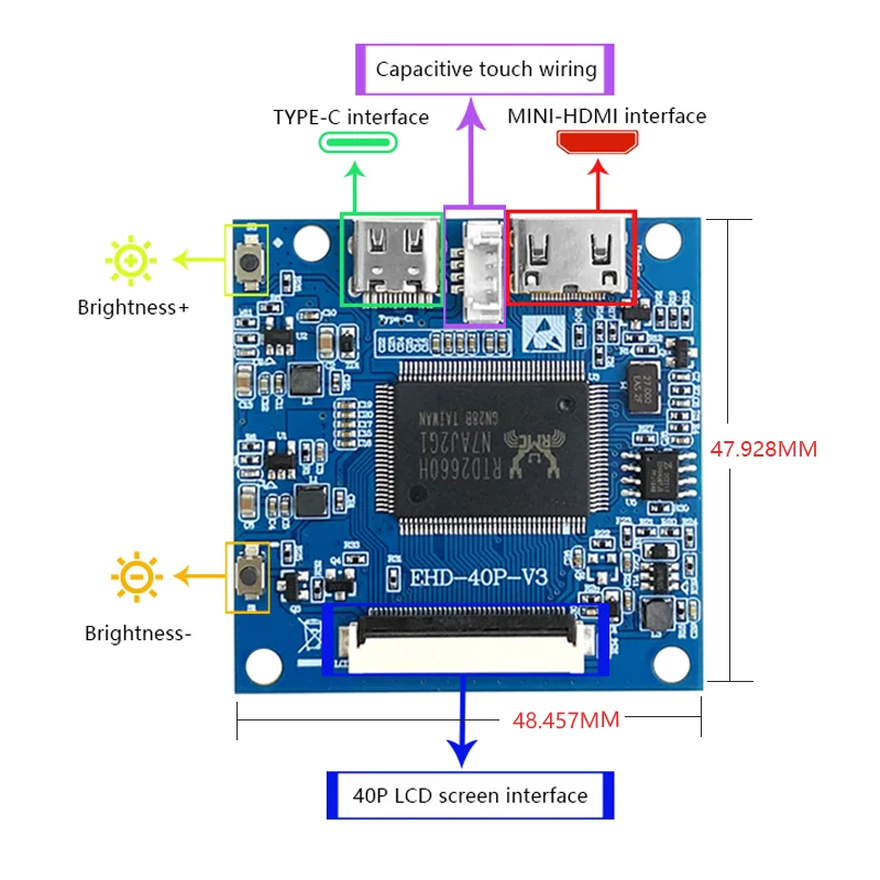 터치 하이 픽셀 800*480, IPS 모듈 RGB 디스플레이 TYPE-C 전원 미니 HDMI 지원 DIY가 포함된 5인치 HDMI 소형 보드 모듈