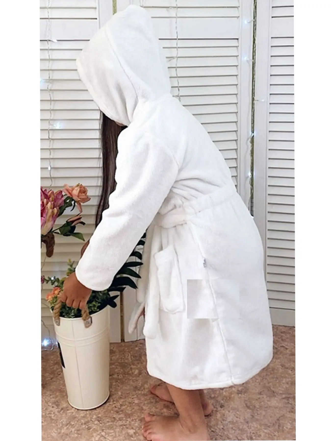 Boys' bathrobe thick coral velvet warm pure white casual home clothing pajamas with hood and belt